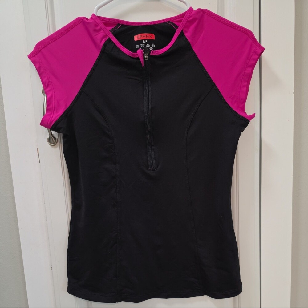 Spanx Tops Activewear Spanx Cycling Top Black Pink Short Sleeve 1/4 Zip Small
